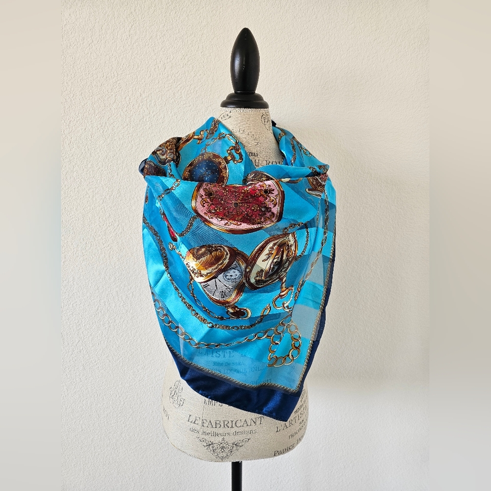 Vintage Ornate Pocket Watch & Celestial Sun Silk Scarf - Cerulean Blue